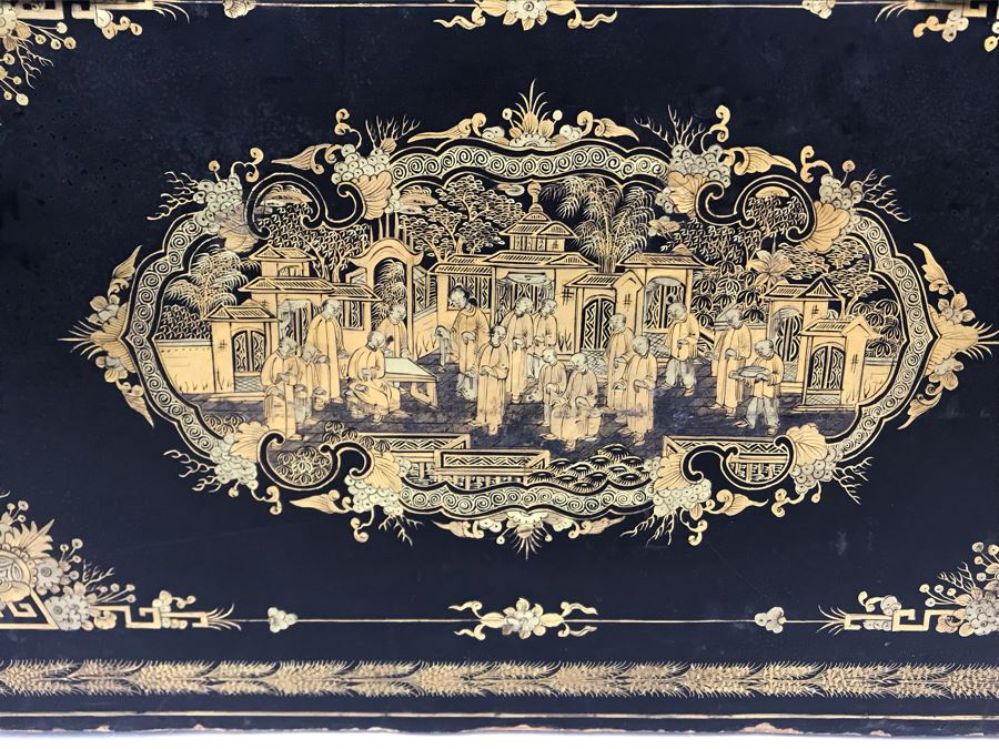 Old Chinese Ornately Decorated Lacquer Safe Box With Chased Metal Box Inside 13W X 9.5D X 7.75H - See Photos For Condition Issues [Photo 21]