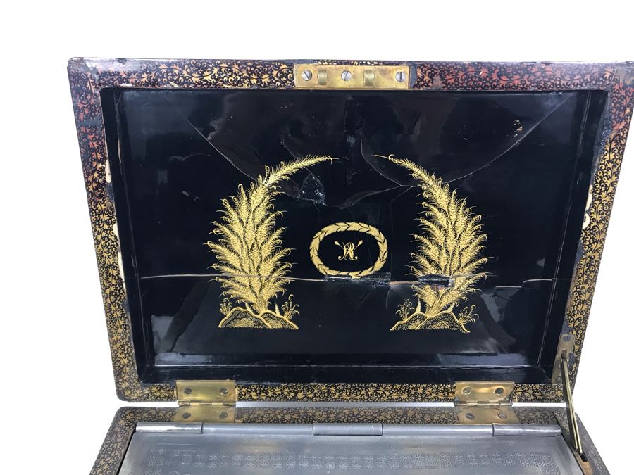 Old Chinese Ornately Decorated Lacquer Safe Box With Chased Metal Box Inside 13W X 9.5D X 7.75H - See Photos For Condition Issues [Photo 23]