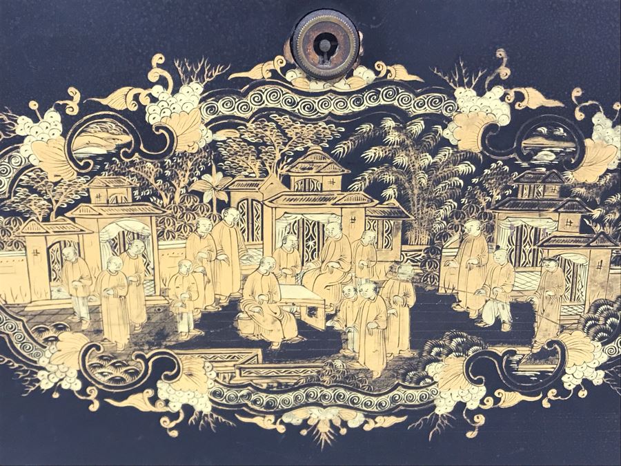 Old Chinese Ornately Decorated Lacquer Safe Box With Chased Metal Box Inside 13W X 9.5D X 7.75H - See Photos For Condition Issues [Photo 10]