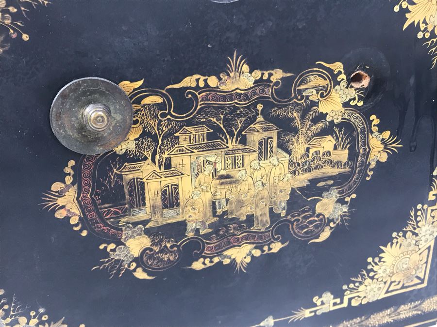 Old Chinese Ornately Decorated Lacquer Safe Box With Chased Metal Box Inside 13W X 9.5D X 7.75H - See Photos For Condition Issues [Photo 41]