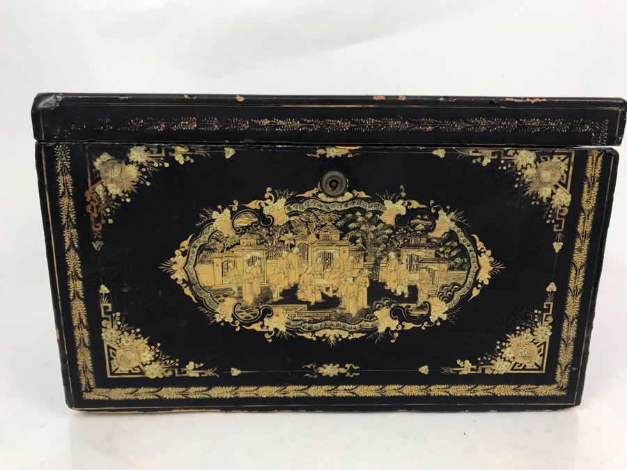 Old Chinese Ornately Decorated Lacquer Safe Box With Chased Metal Box Inside 13W X 9.5D X 7.75H - See Photos For Condition Issues [Photo 7]
