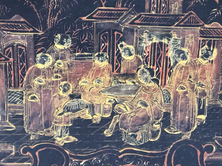 Old Chinese Ornately Decorated Lacquer Safe Box With Chased Metal Box Inside 13W X 9.5D X 7.75H - See Photos For Condition Issues [Photo 19]