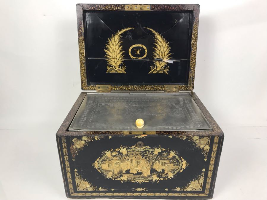 Old Chinese Ornately Decorated Lacquer Safe Box With Chased Metal Box Inside 13W X 9.5D X 7.75H - See Photos For Condition Issues