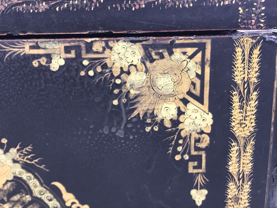 Old Chinese Ornately Decorated Lacquer Safe Box With Chased Metal Box Inside 13W X 9.5D X 7.75H - See Photos For Condition Issues [Photo 14]