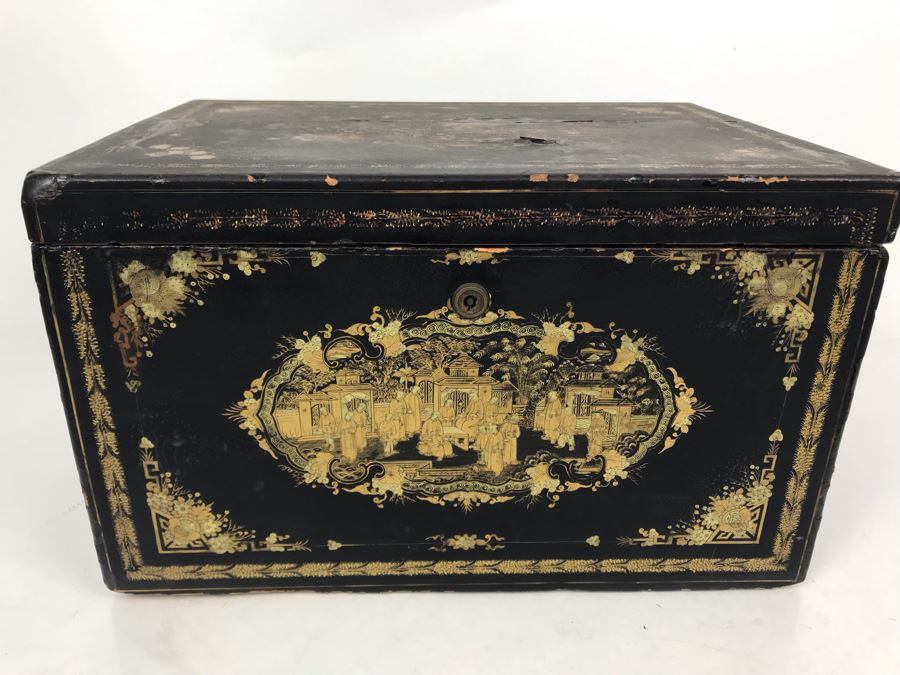 Old Chinese Ornately Decorated Lacquer Safe Box With Chased Metal Box Inside 13W X 9.5D X 7.75H - See Photos For Condition Issues [Photo 6]
