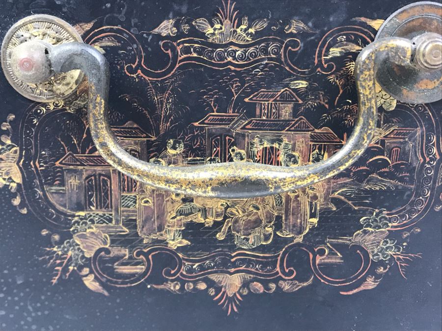 Old Chinese Ornately Decorated Lacquer Safe Box With Chased Metal Box Inside 13W X 9.5D X 7.75H - See Photos For Condition Issues [Photo 17]