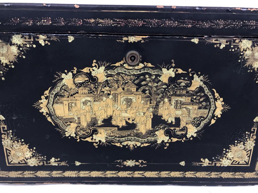 Old Chinese Ornately Decorated Lacquer Safe Box With Chased Metal Box Inside 13W X 9.5D X 7.75H - See Photos For Condition Issues [Photo 9]