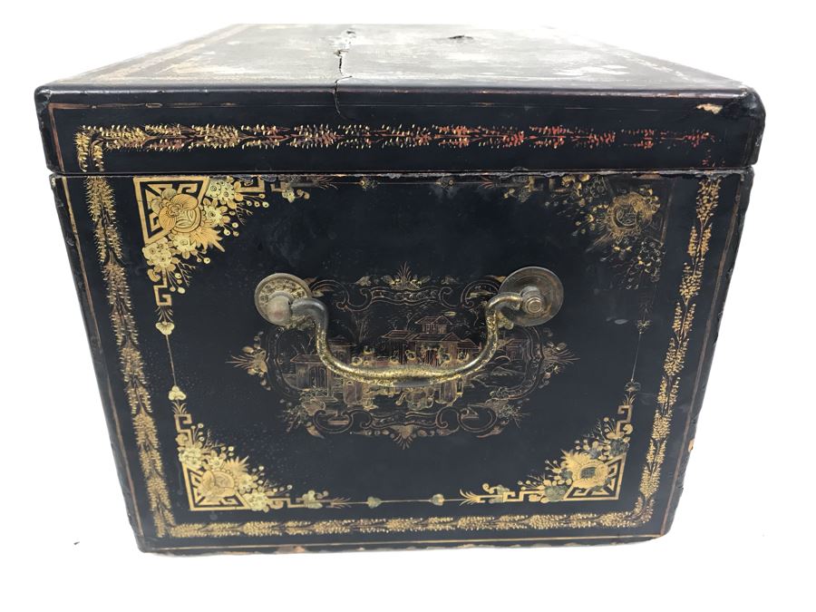 Old Chinese Ornately Decorated Lacquer Safe Box With Chased Metal Box Inside 13W X 9.5D X 7.75H - See Photos For Condition Issues [Photo 15]