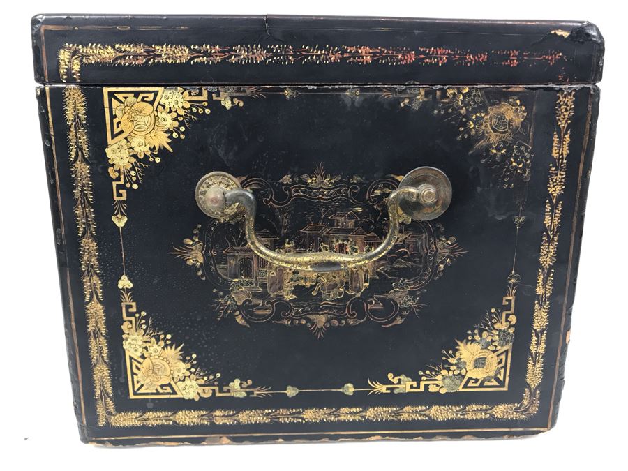 Old Chinese Ornately Decorated Lacquer Safe Box With Chased Metal Box Inside 13W X 9.5D X 7.75H - See Photos For Condition Issues [Photo 16]