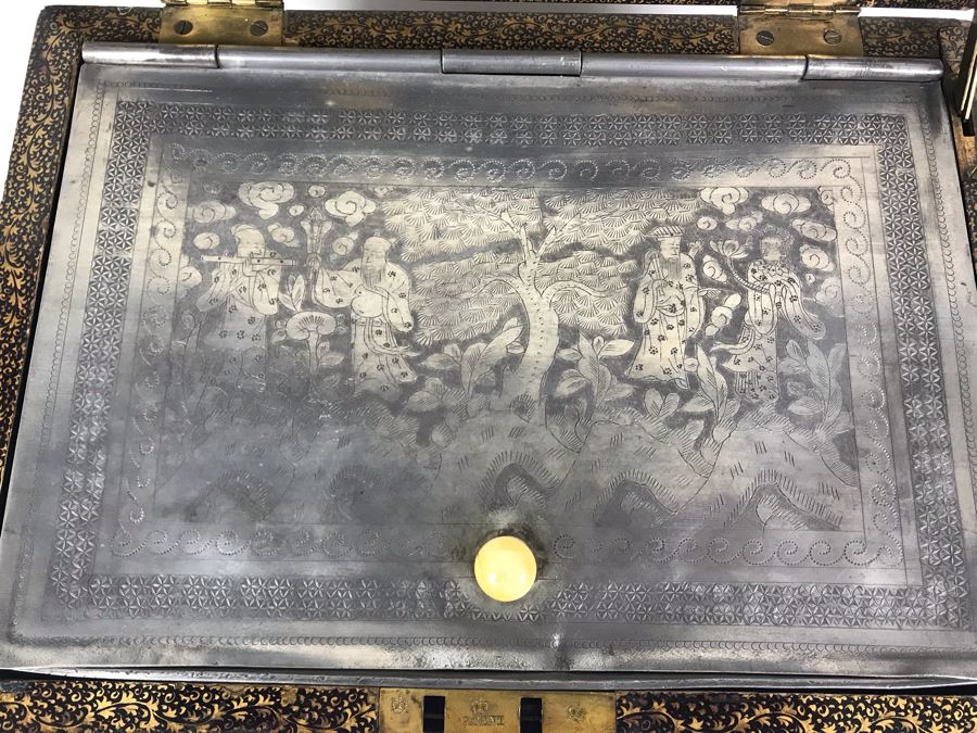 Old Chinese Ornately Decorated Lacquer Safe Box With Chased Metal Box Inside 13W X 9.5D X 7.75H - See Photos For Condition Issues [Photo 3]
