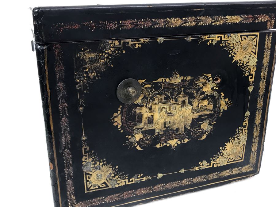 Old Chinese Ornately Decorated Lacquer Safe Box With Chased Metal Box Inside 13W X 9.5D X 7.75H - See Photos For Condition Issues [Photo 40]