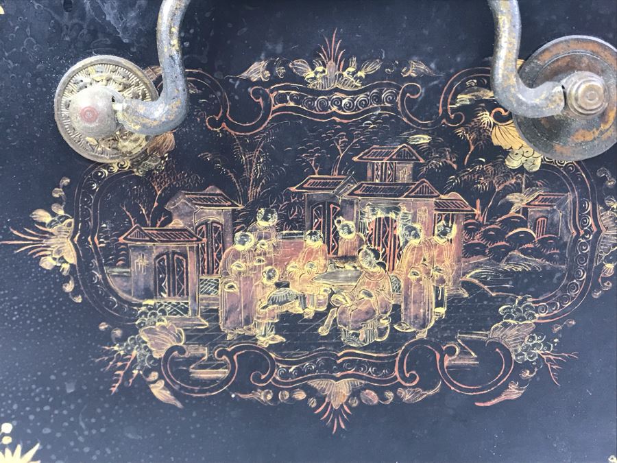 Old Chinese Ornately Decorated Lacquer Safe Box With Chased Metal Box Inside 13W X 9.5D X 7.75H - See Photos For Condition Issues [Photo 18]