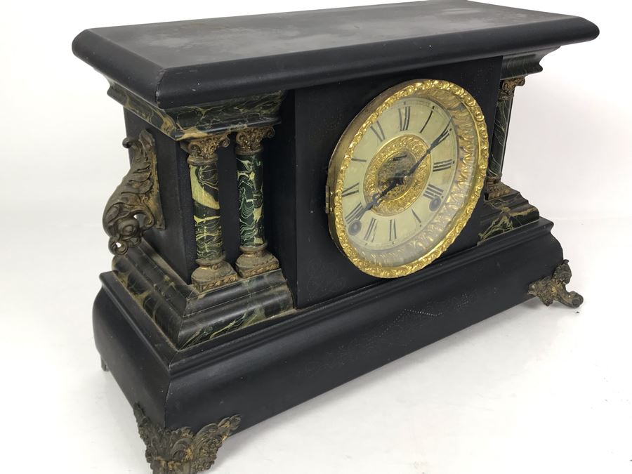 Vintage Working Wooden Faux Marble Mantle Clock By The E. Ingraham Co Bristol, Conn. 17W X 7D X 10.5H [Photo 19]