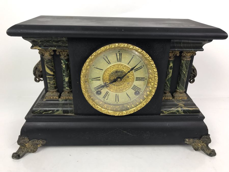 Vintage Working Wooden Faux Marble Mantle Clock By The E. Ingraham Co Bristol, Conn. 17W X 7D X 10.5H [Photo 14]