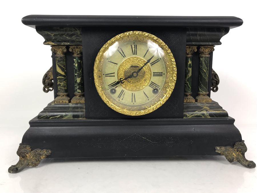 Vintage Working Wooden Faux Marble Mantle Clock By The E. Ingraham Co Bristol, Conn. 17W X 7D X 10.5H