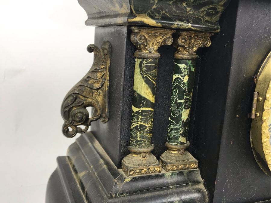 Vintage Working Wooden Faux Marble Mantle Clock By The E. Ingraham Co Bristol, Conn. 17W X 7D X 10.5H [Photo 17]