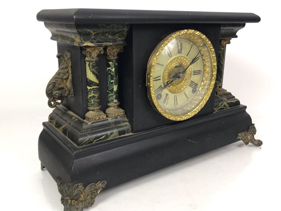 Vintage Working Wooden Faux Marble Mantle Clock By The E. Ingraham Co Bristol, Conn. 17W X 7D X 10.5H [Photo 18]