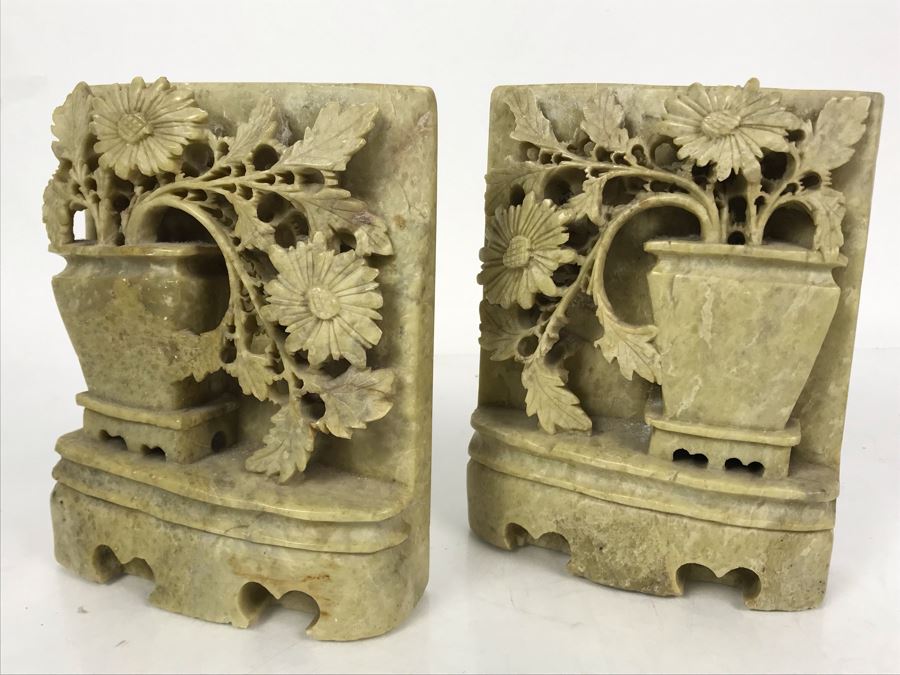 Pair Of Deep-Relief Carved Soapstone Chinese Bookends 5W X 1.5D X 6H [Photo 1]