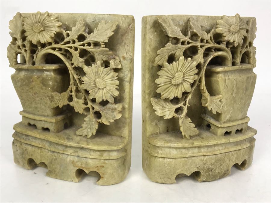 Pair Of Deep-Relief Carved Soapstone Chinese Bookends 5W X 1.5D X 6H [Photo 2]