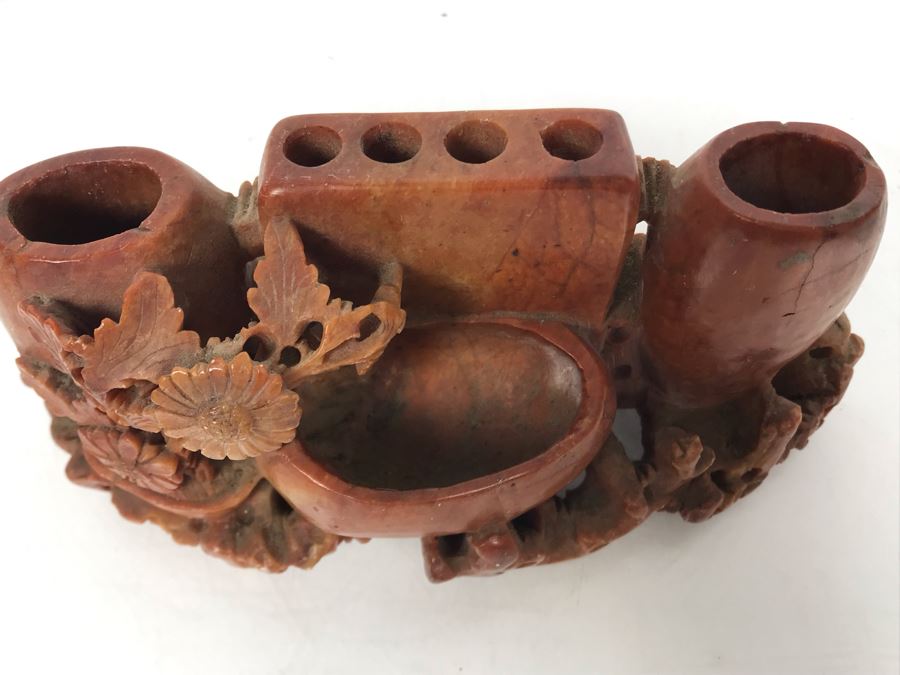 Vintage Chinese Carved Red Soapstone Vase 6W X 2D X 2.5H [Photo 5]