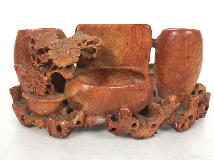 Vintage Chinese Carved Red Soapstone Vase 6W X 2D X 2.5H [Photo 3]