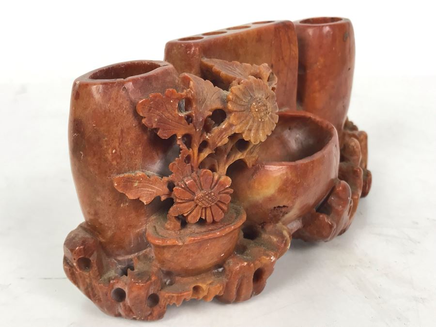 Vintage Chinese Carved Red Soapstone Vase 6W X 2D X 2.5H