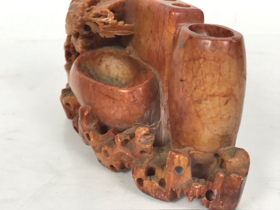 Vintage Chinese Carved Red Soapstone Vase 6W X 2D X 2.5H [Photo 8]