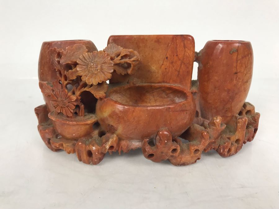 Vintage Chinese Carved Red Soapstone Vase 6W X 2D X 2.5H [Photo 2]