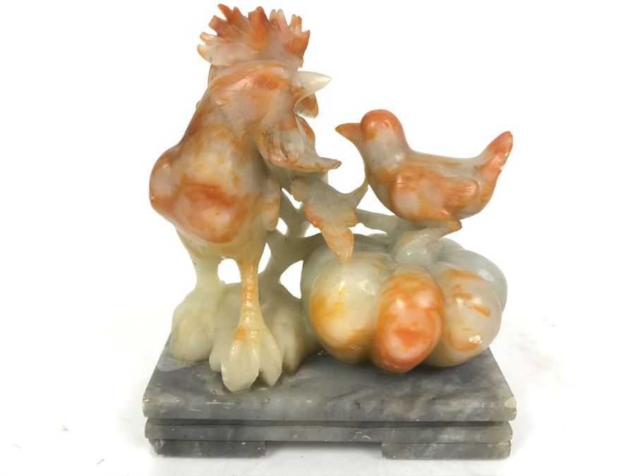 Vintage Asian Carved Stone Sculpture Of Rooster And Baby Chick 5W X 3D X 5H [Photo 19]