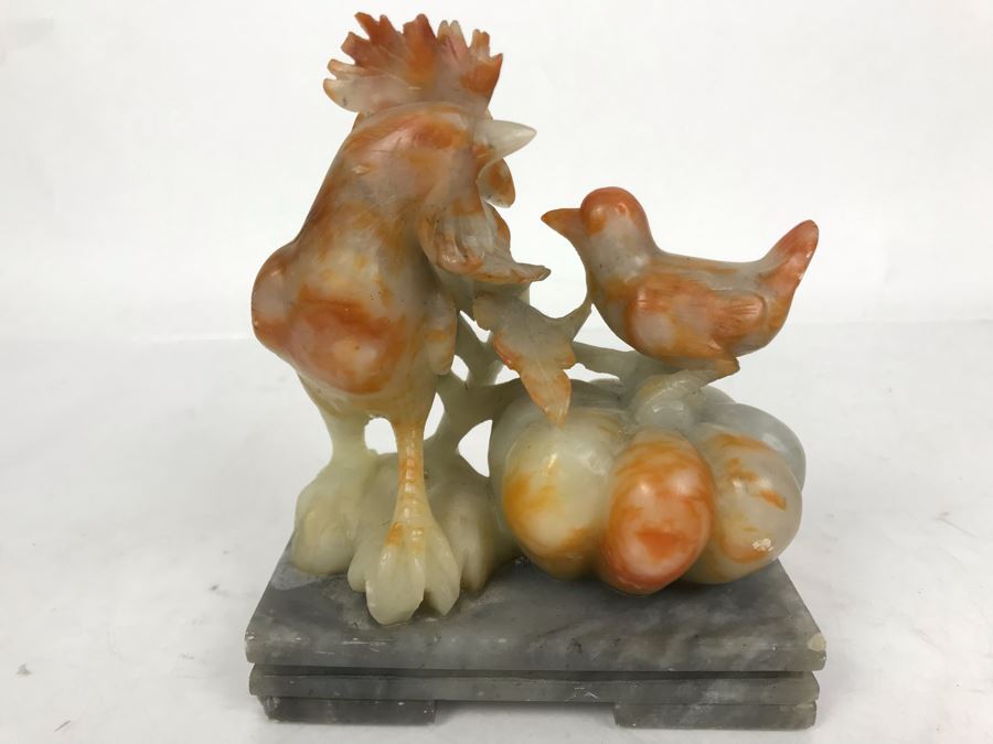 Vintage Asian Carved Stone Sculpture Of Rooster And Baby Chick 5W X 3D X 5H [Photo 1]