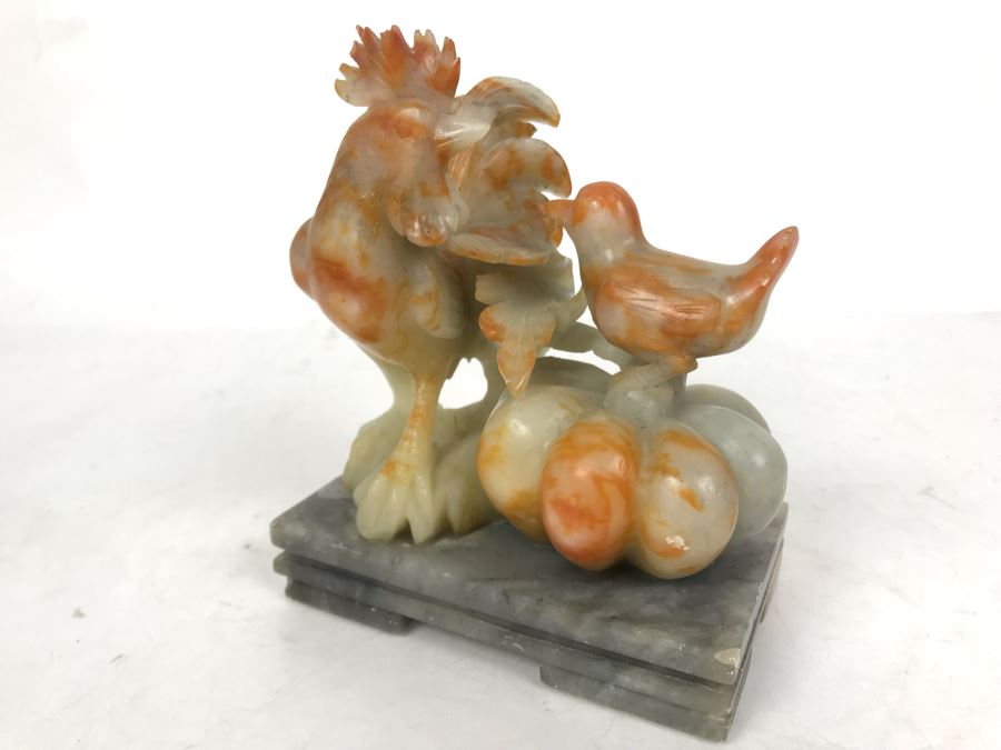Vintage Asian Carved Stone Sculpture Of Rooster And Baby Chick 5W X 3D X 5H [Photo 2]