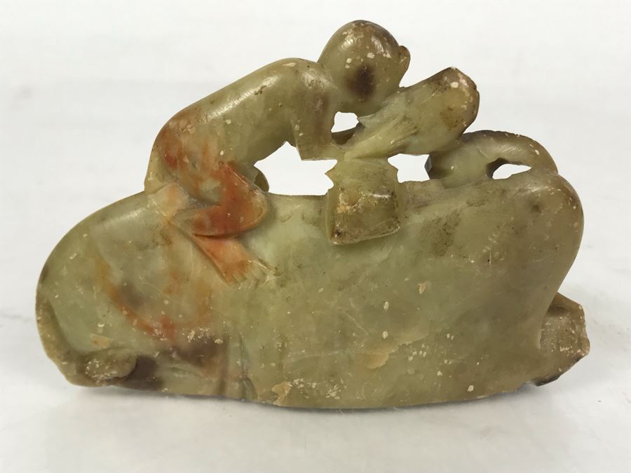 Vintage Asian Carved Stone Sculpture Of Monkey On Sleeping Bull's Back 3.5W X 2H [Photo 4]
