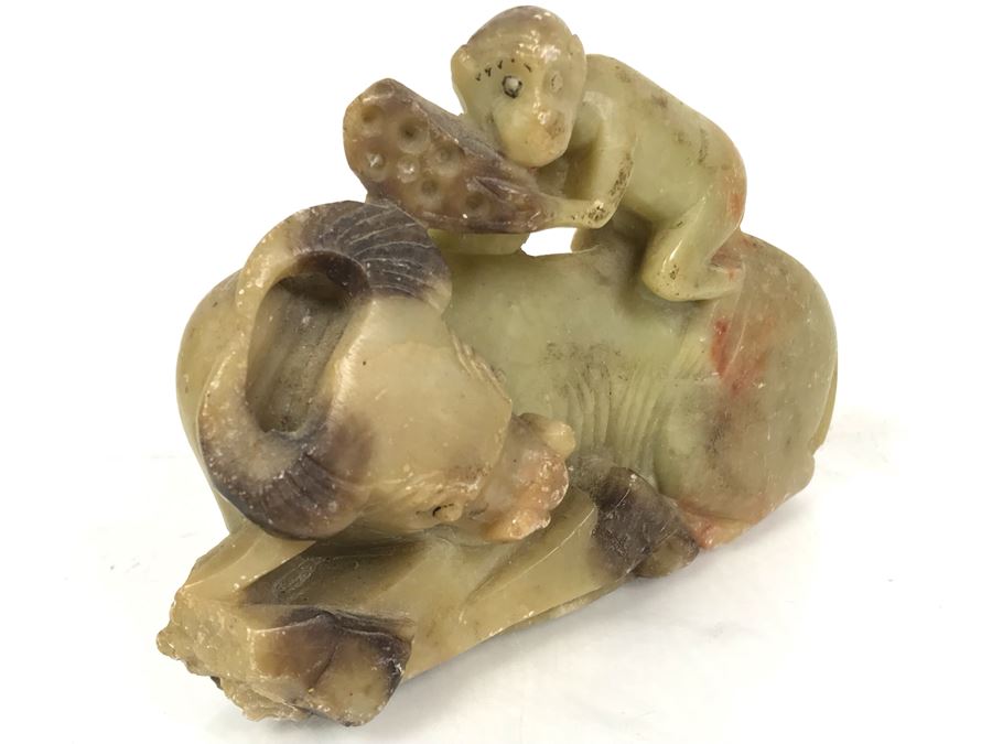 Vintage Asian Carved Stone Sculpture Of Monkey On Sleeping Bull's Back 3.5W X 2H [Photo 3]