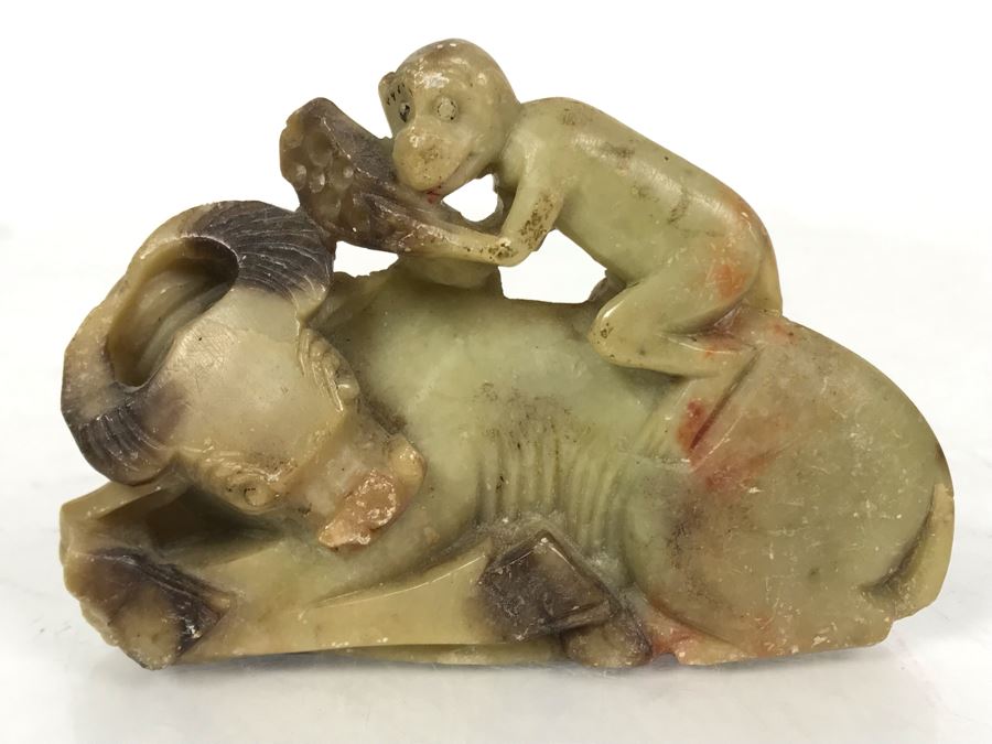 Vintage Asian Carved Stone Sculpture Of Monkey On Sleeping Bull's Back 3.5W X 2H [Photo 1]