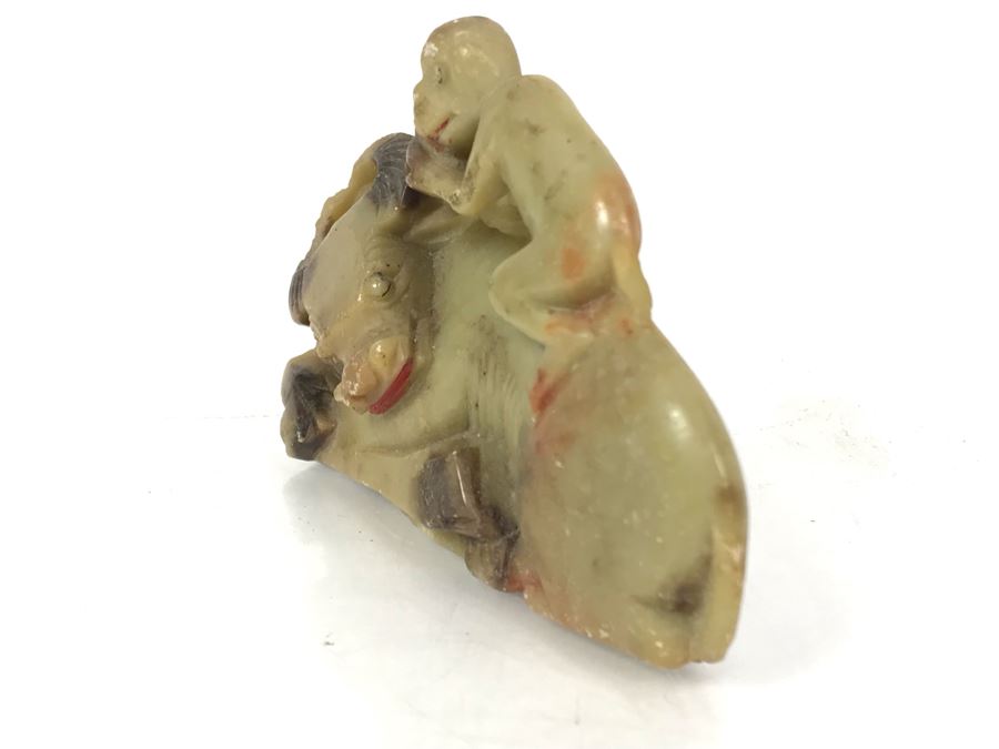 Vintage Asian Carved Stone Sculpture Of Monkey On Sleeping Bull's Back 3.5W X 2H [Photo 6]