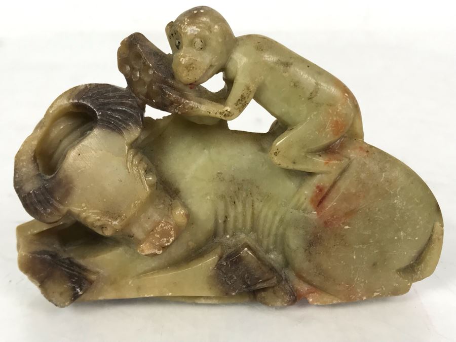 Vintage Asian Carved Stone Sculpture Of Monkey On Sleeping Bull's Back 3.5W X 2H [Photo 2]