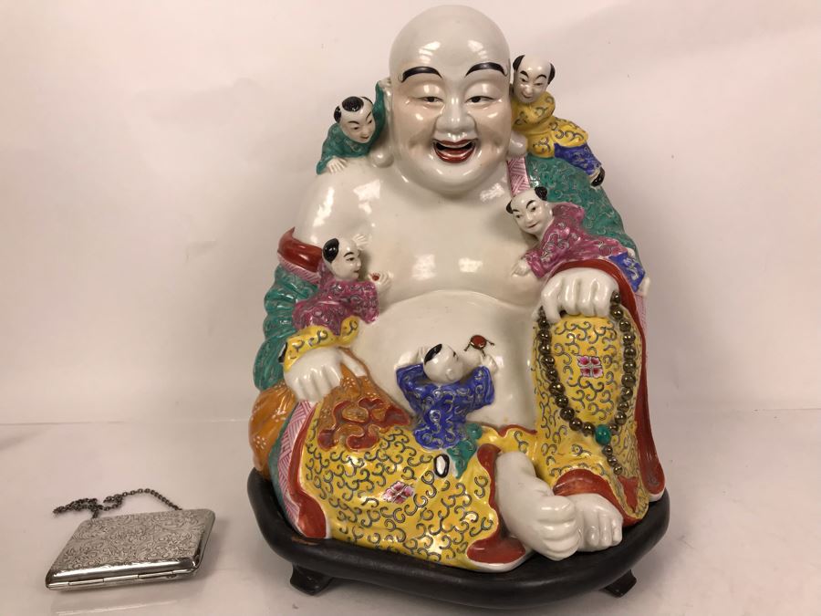 Large Signed Chinese Porcelain Famille Rose Buddha With Stand 11W X 9D X 13H [Photo 2]