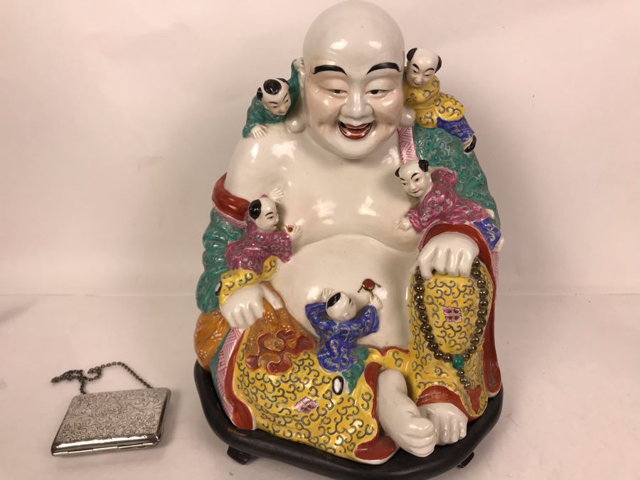 Large Signed Chinese Porcelain Famille Rose Buddha With Stand 11W X 9D X 13H [Photo 5]