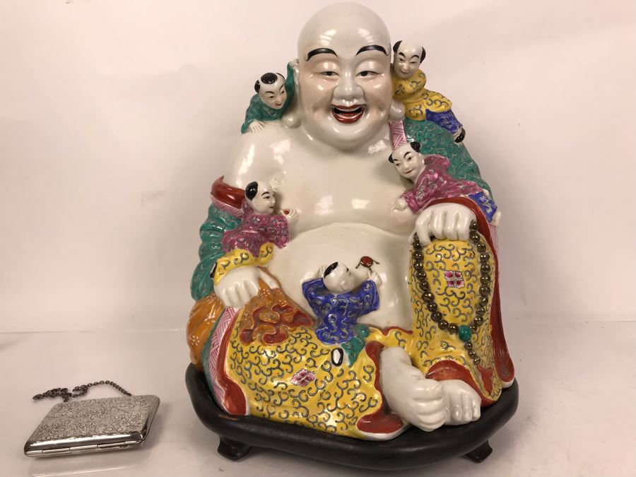 Large Signed Chinese Porcelain Famille Rose Buddha With Stand 11W X 9D X 13H [Photo 4]