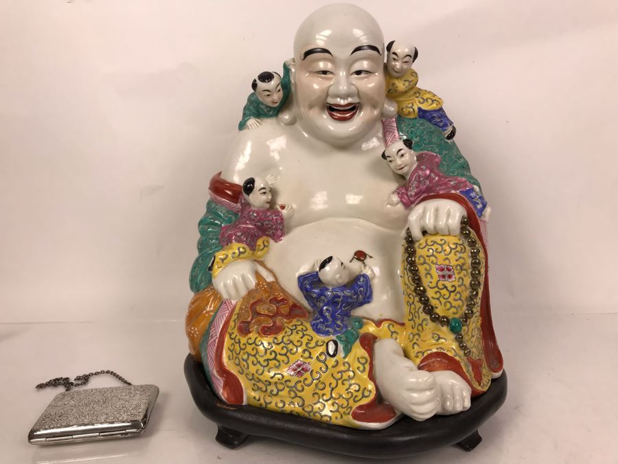 Large Signed Chinese Porcelain Famille Rose Buddha With Stand 11W X 9D X 13H [Photo 3]