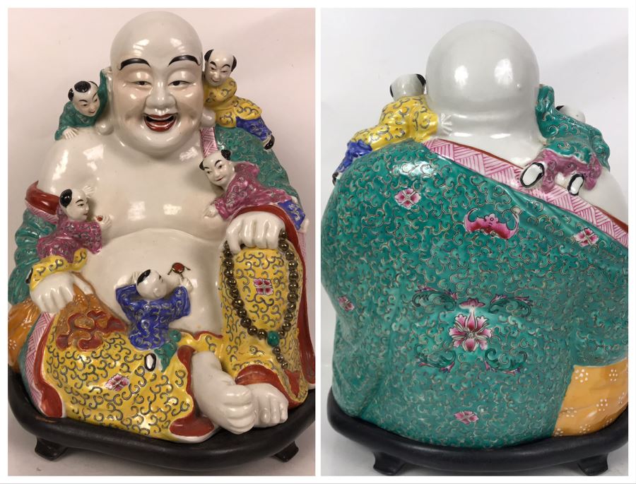 Large Signed Chinese Porcelain Famille Rose Buddha With Stand 11W X 9D X 13H [Photo 1]