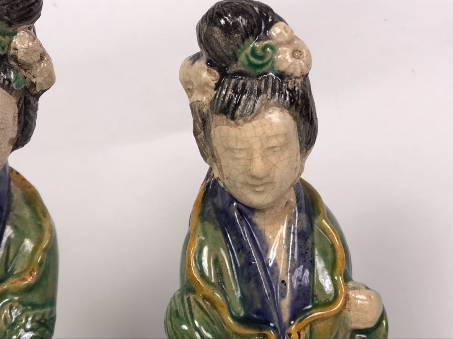 Pair Of Chinese Majolica Pottery Figures Of Guanyin 12.5H (One Figure Has Slight Chip At Base) [Photo 5]