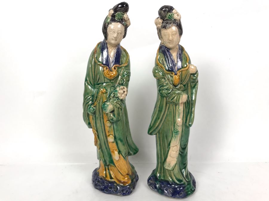 Pair Of Chinese Majolica Pottery Figures Of Guanyin 12.5H (One Figure Has Slight Chip At Base) [Photo 1]