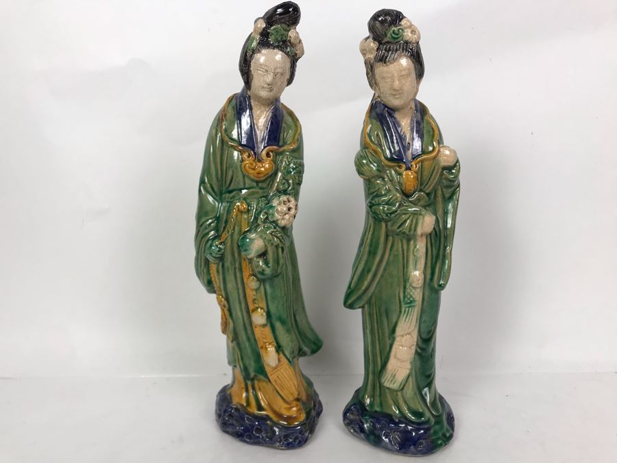Pair Of Chinese Majolica Pottery Figures Of Guanyin 12.5H (One Figure Has Slight Chip At Base) [Photo 2]