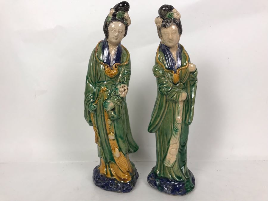 Pair Of Chinese Majolica Pottery Figures Of Guanyin 12.5H (One Figure Has Slight Chip At Base) [Photo 3]