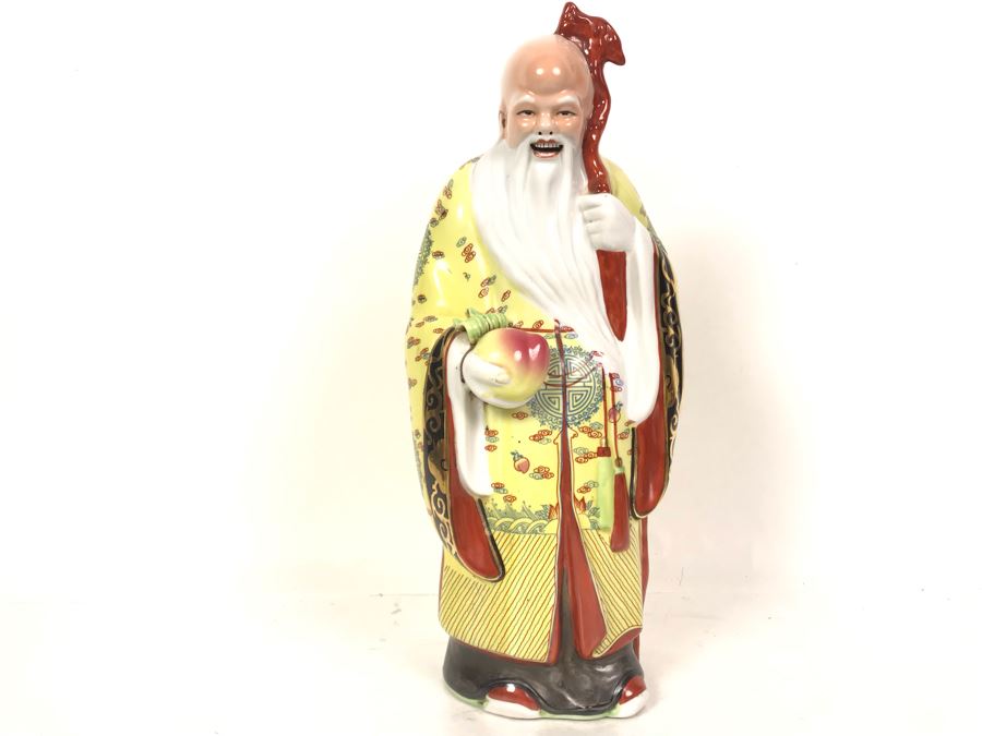 Large Chinese Hand Painted Porcelain Elder Figure Shou Lao God Of Longevity 14.5H [Photo 1]