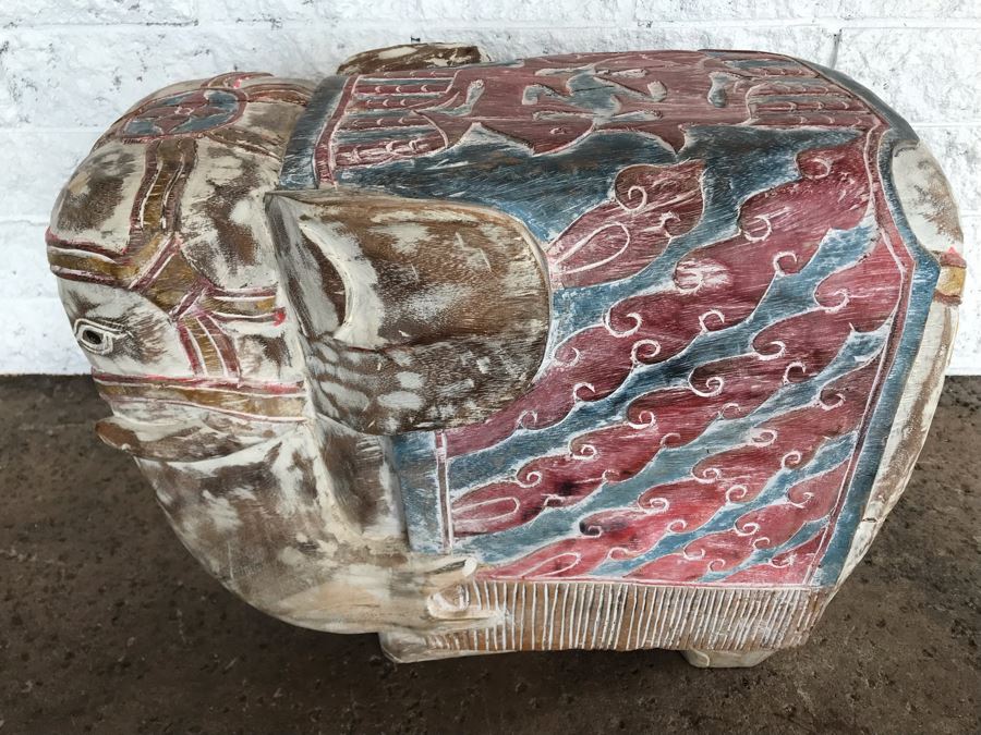 Large Heavy Hand Carved Wooden Painted Elephant Stool Seat [Photo 4]
