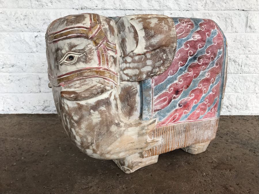 Large Heavy Hand Carved Wooden Painted Elephant Stool Seat [Photo 2]
