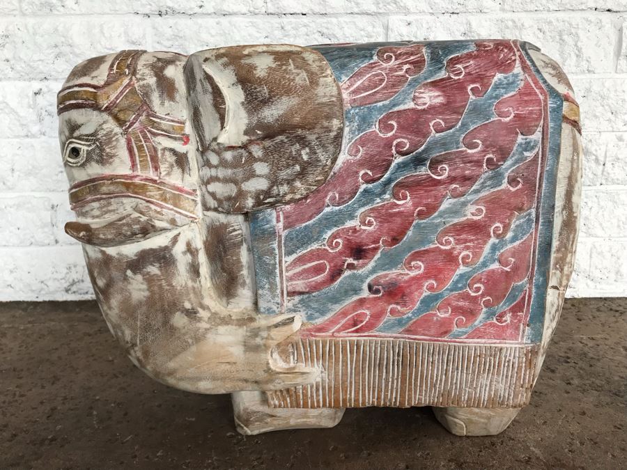 Large Heavy Hand Carved Wooden Painted Elephant Stool Seat [Photo 5]