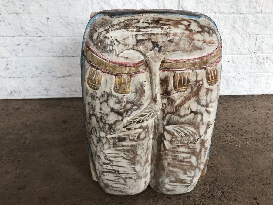Large Heavy Hand Carved Wooden Painted Elephant Stool Seat [Photo 12]